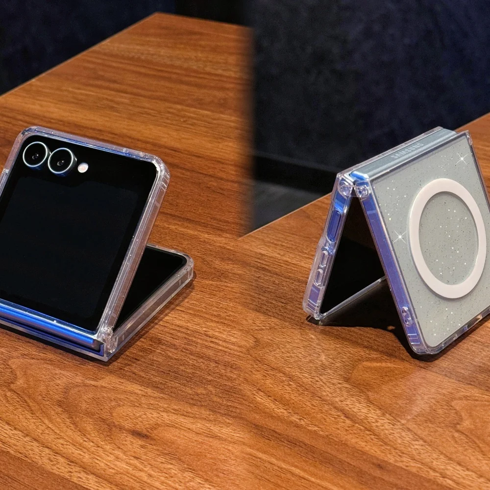 حافظة Z Flip 7 لامعة شفافة شحن لاسلكي Magsafe حافظات Funda لهاتف سامسونج جالاكسي Z Flip 7 6 5 4 3 Flip7fe حافظة شفافة