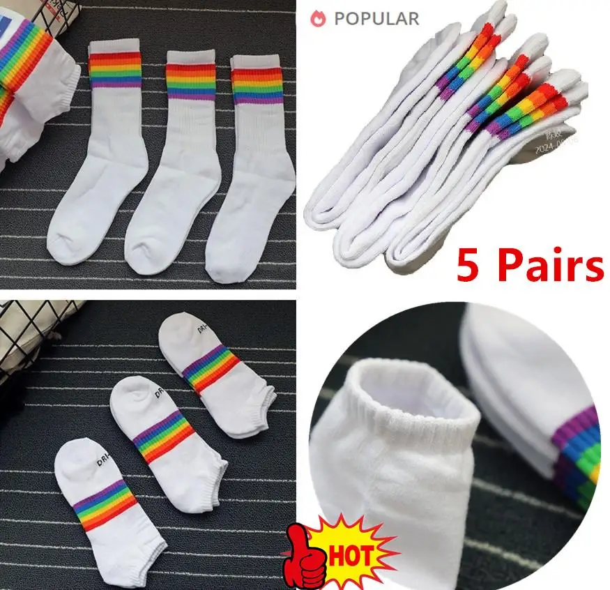 

5 Pairs Rainbow Striped Cotton Socks For Women Black/White Sport Girls College Style Sock Fashion Whit Rainbow Bottom Party