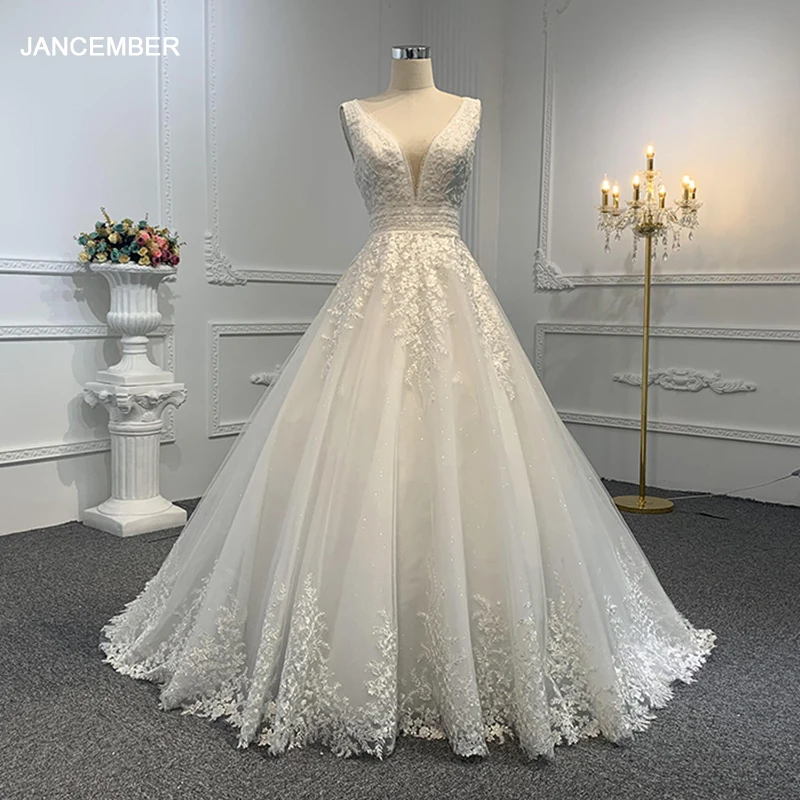 

New Style Boho Lace Wedding Dresses Deep V-neck Tank Long Gowns A-line Sweep Train Vestido De Novia Elegante lace-up back