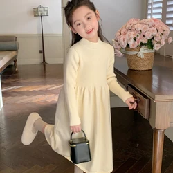 Girls' Winter Knitted Long Sleeve Dress Solid Color Warm Fashi Casual Princess Dress Children's Half High Collar Versatile Dress