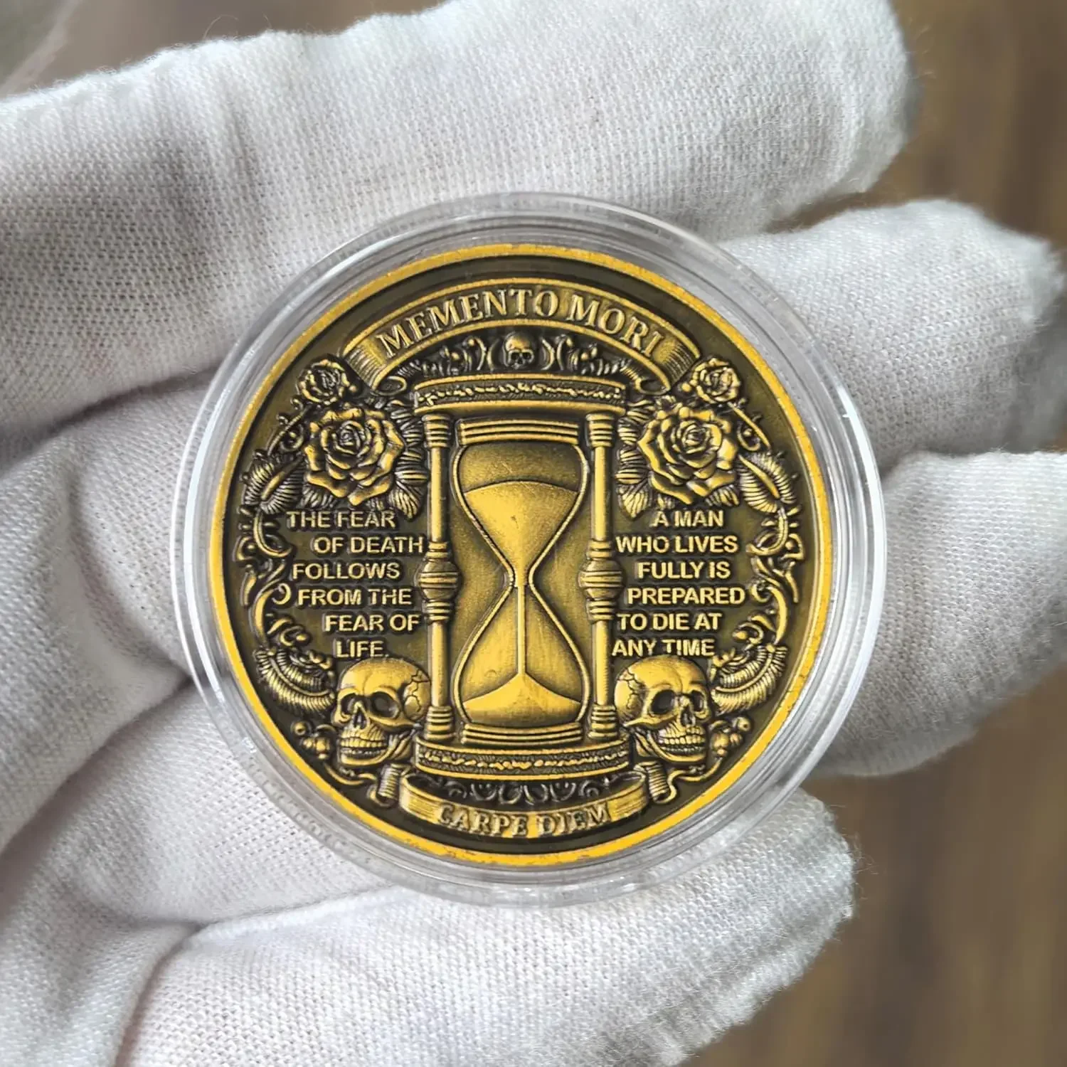 Memento Mori Coin EDC Challenge Stoic Reminder - Grim Reaper and Hourglass Design, Inspirational Quote, Protective Case Included