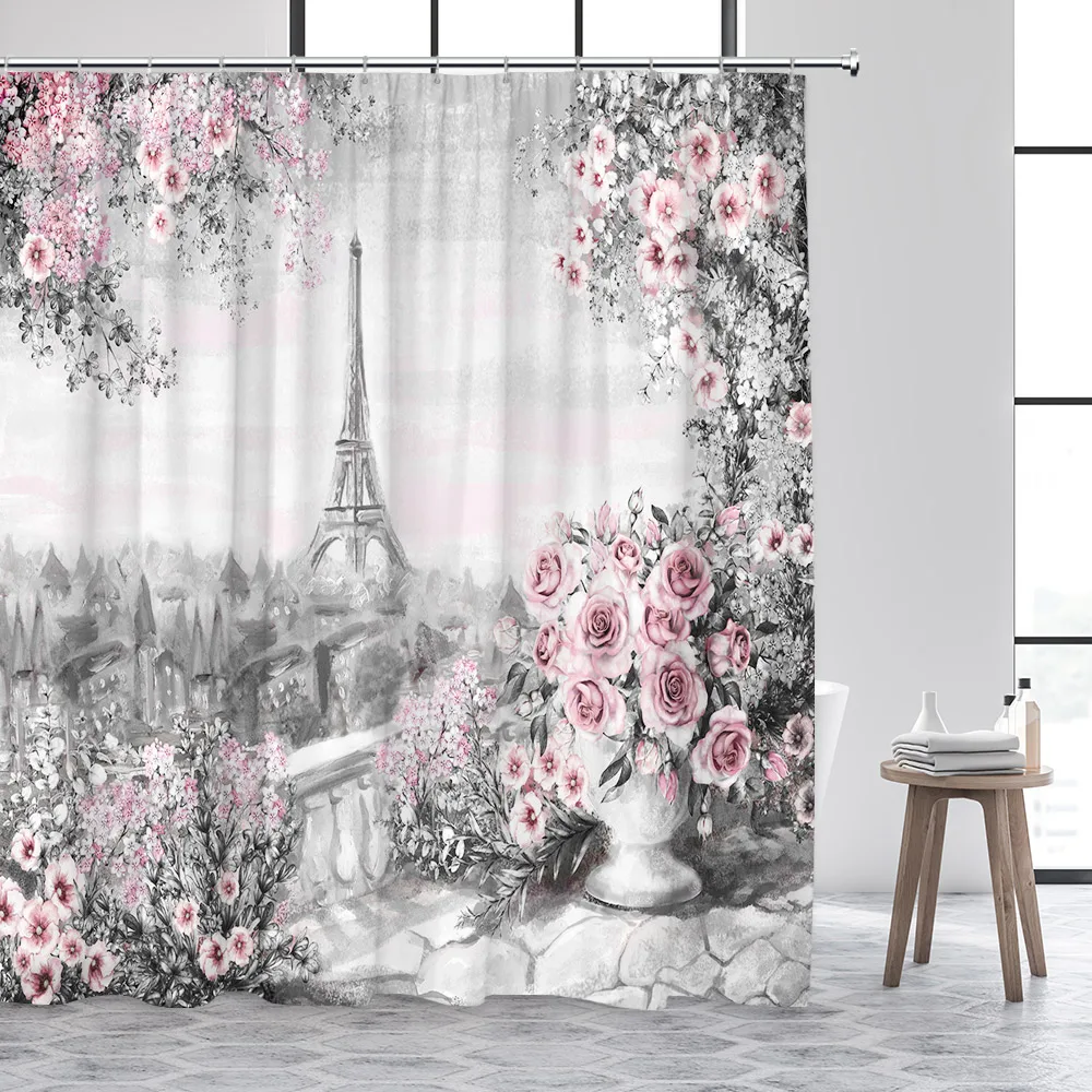 Vintage Paris Tower Shower Curtain Pink Floral Romantic Lovers City Street Scenery Modern Fashion Bathroom Curtains Fabric Decor