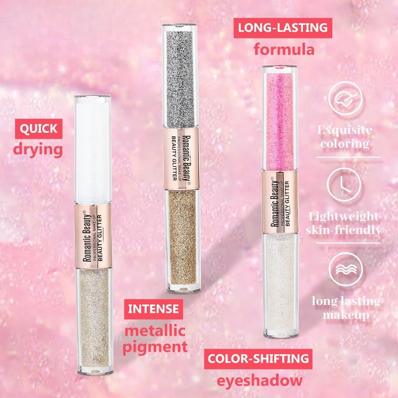 Dwustronny płynny cień do powiek, 2 kolory, połysk i brokat, długotrwały, wodoodporny, odporny na rozmazywanie, do makijażu na imprezę i na co dzień.