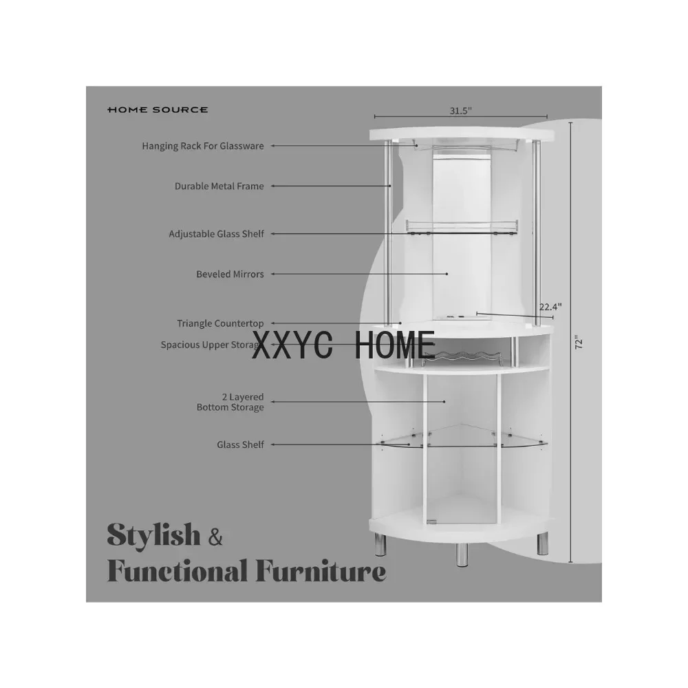عربة بار زاوية بيضاء ، رف نبيذ مدمج 72 "، خزانة زجاجية سفلي ، غرفة معيشة ، منزل ، مكتب ، مطبخ ، مساحة صغيرة