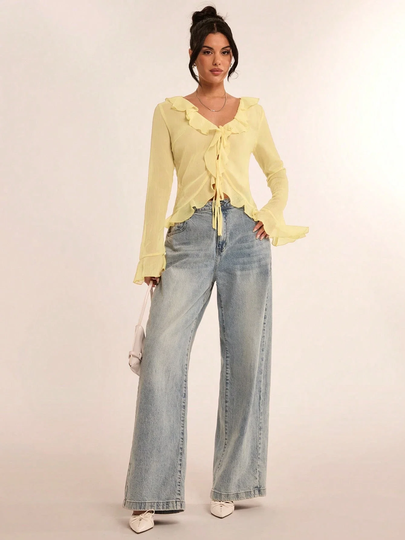 

Elegant Chiffon Ruffled Sleeve Blouse For Women Vacation Party Date Casual Wear