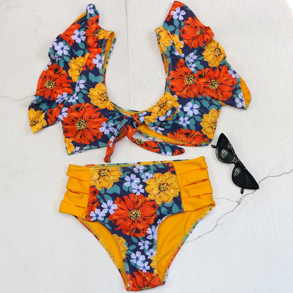 Ruffle baju renang pinggang tinggi 2 potong set bikini wanita 2024 Biqunis pakaian pantai baju mandi cetak Monokini pakaian renang musim panas