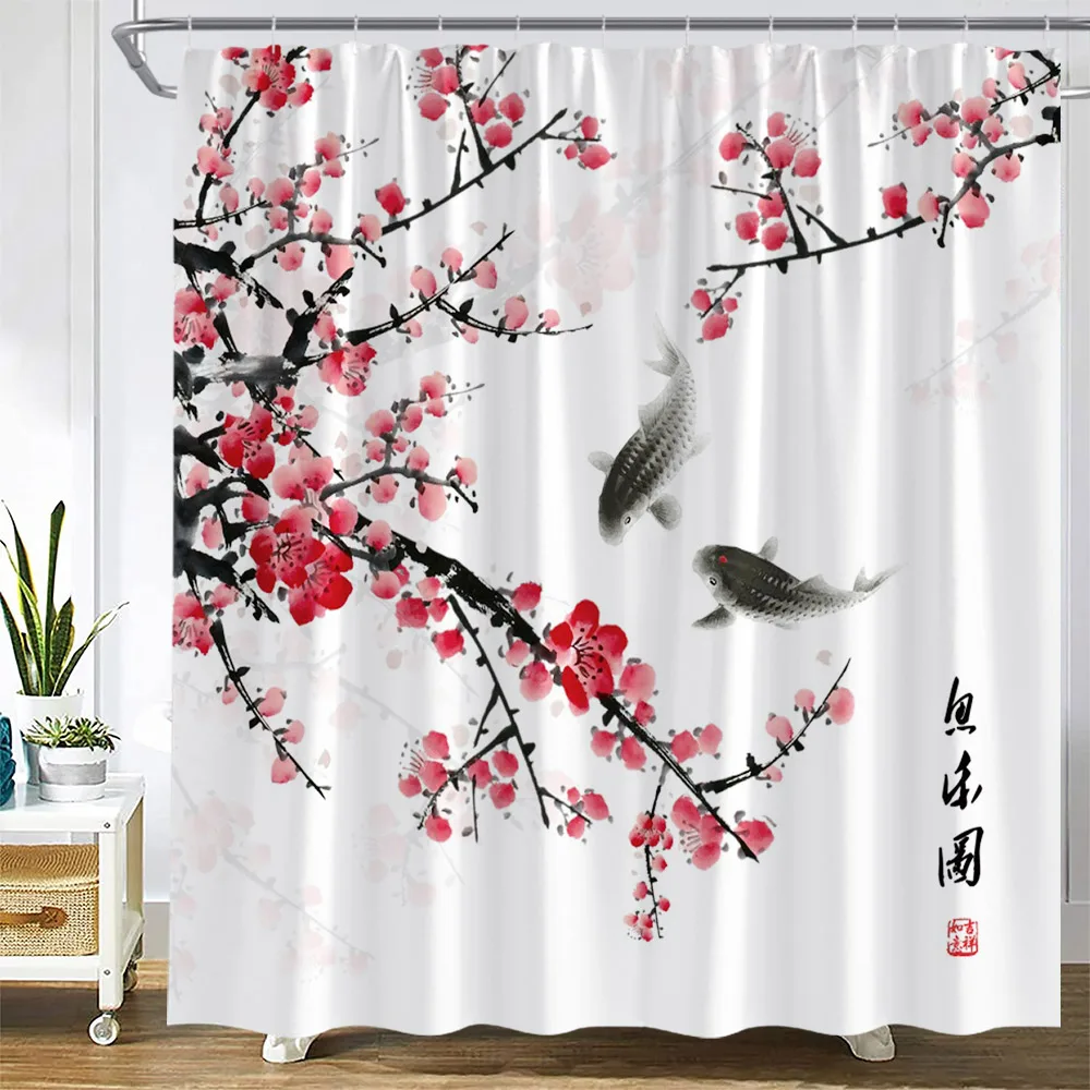 Japanese Landscape Shower Curtain Pink Flowers Tree Mountain Lake Pavilion Ink Art Bath Curtains Polyester Fabric Bathroom Decor