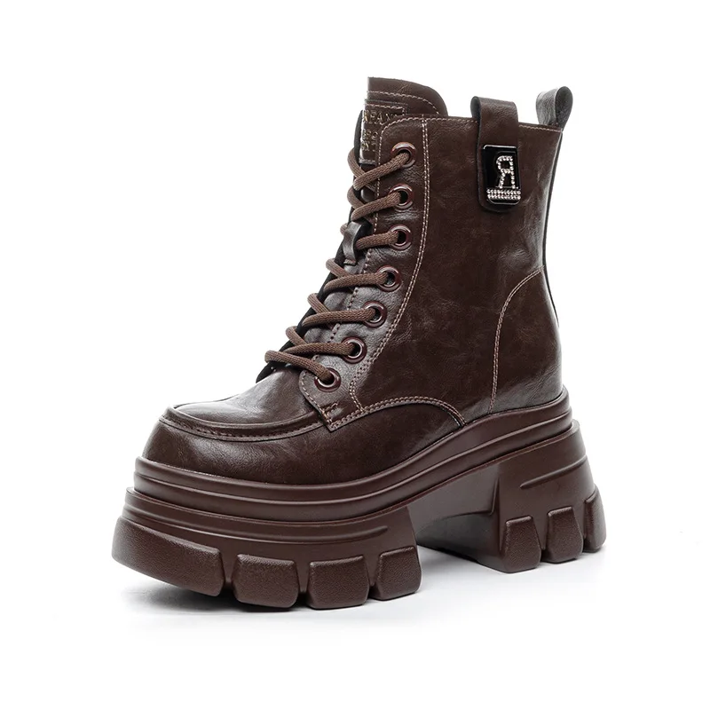 Women Ankle Boots Genuine Leather 2025 New Retro Lace-up High-heel Women Short Boots Large-size Non-slip Platform Female