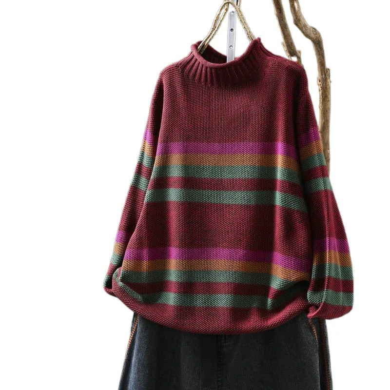 

New Autumn and Winter Women's Striped Long-sleeved Sweater Fashion Matched Casual Loose and Elegant Knitted Pullovers Jumpers