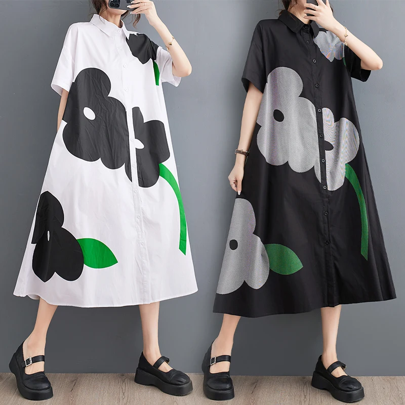 

Summer 2023 Commute Friendly Loose Fit Printed Casual Sweet Short Sleeve Shirt Dress A-Line Mid-Length Skirt Single Button