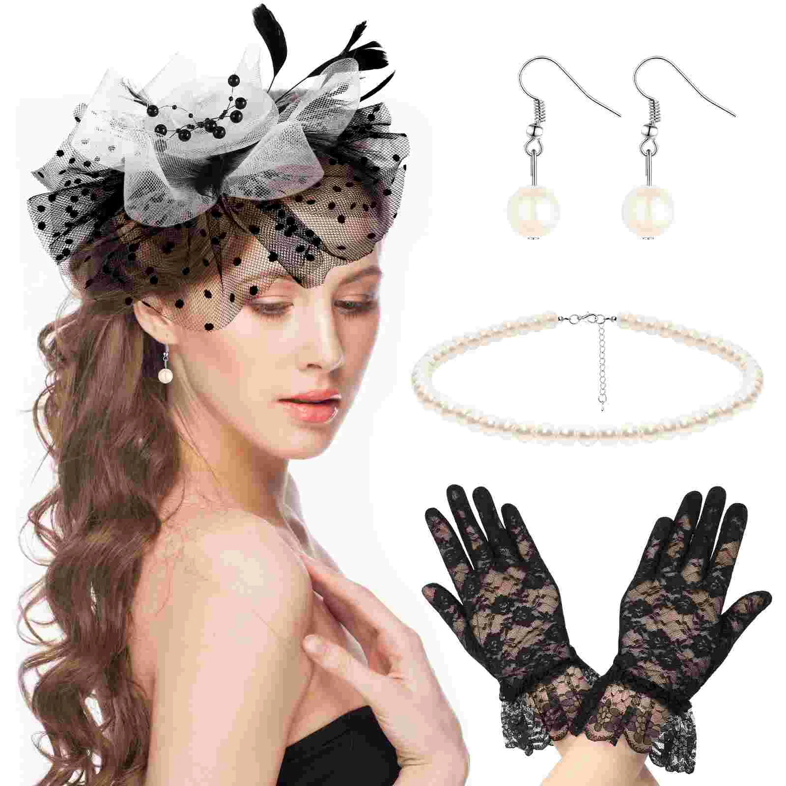 

White Mesh Head Flower Band Lace Gloves Women Cosplay Party Headwear Fascinator Hat Headdress Hair Hoops Miss Carnival