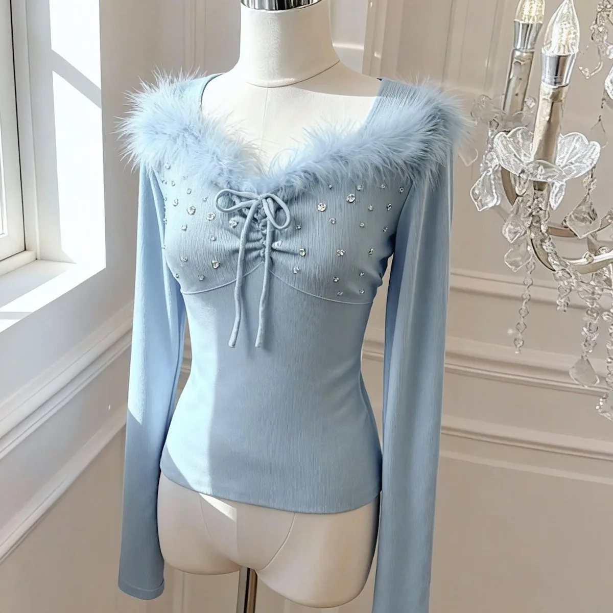 

Ele Ostrich Feather Knitted Top Women's Faion Design Heavy Embellied Diamond Base irt Warm Long Sve Crew Ne