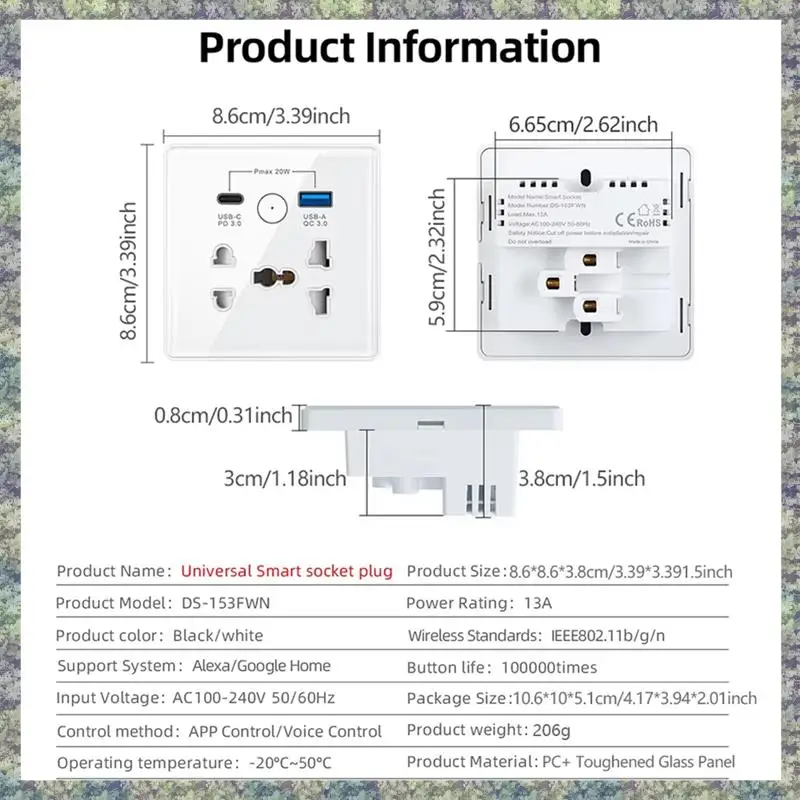 

WON Tuya Wifi Smart Socket UK US EU Universal Plug USB 3.0 Type-C Port Outlet Smart Home Tuya App Works With Google Home