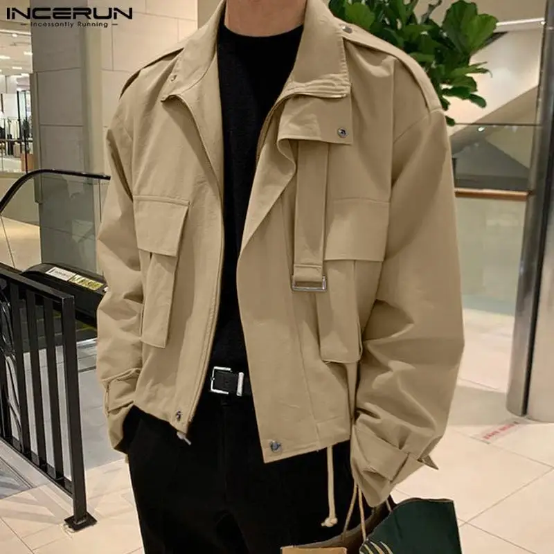 INCERUN Tops 2024 Fashionable Handsome Mens Cargo Clothes Coats Stylish Solid All-match Pocket Design Long Sleeved Jackets S-5XL