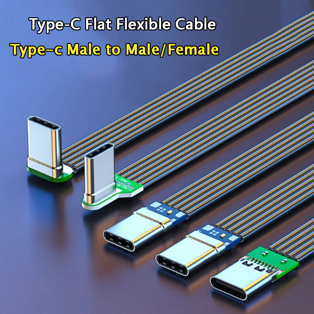 USB 3.1 Type-C Flat Flexible Cable 40K 60Hz Type-c Male to Male/Female Data L-shaped Elbow Right Angle DIY Flat Silicone Cable