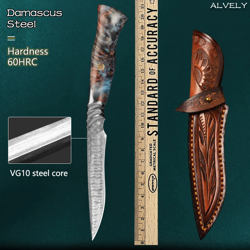 Damascus Steel Fixed Blade Self-Defense Rescue Straight Knife Outdoor Knife Hunting Knife Survival Military Tactics EDC Tool