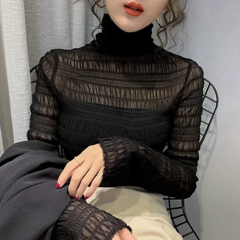 New Transparent Women Lace Blouse 5 Colors Female Bottoming Blouses S-2XL Size Cheaper Tops Kawaii T Shirt Elastic Mesh Shirt