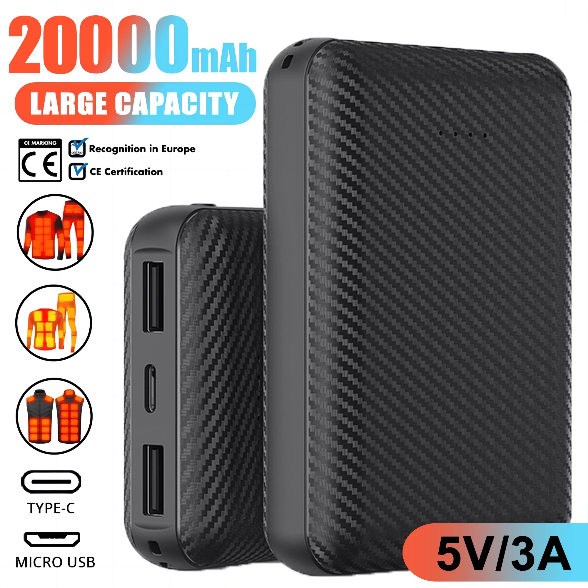 Power Bank para colete e jaqueta aquecidas, Carregador de bateria 20000mAh, Bateria externa, Cachecol de aquecimento e meias Power Bank, Inverno