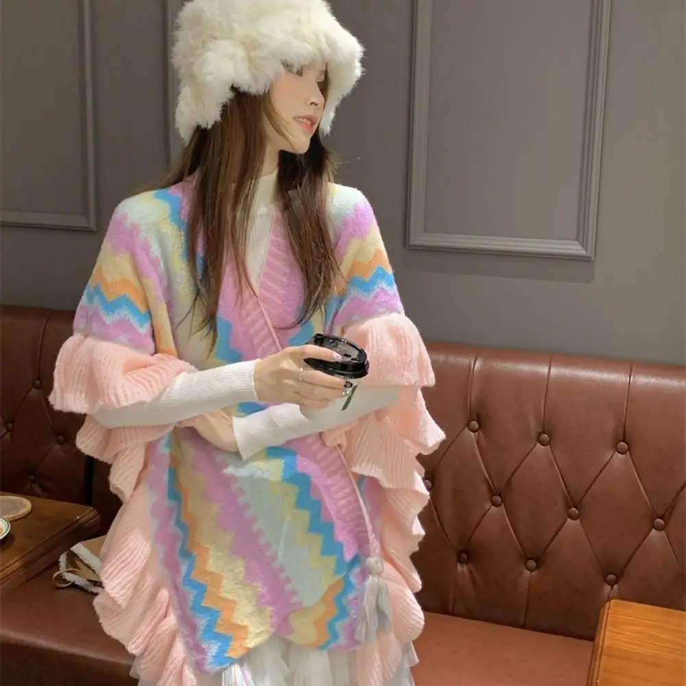 

Cozy Winter Wrap Colorful Stripes Print Tassel Shawl with Ruffle Trim Ethnic Style Knitting Cape for Travel Vacation Warm