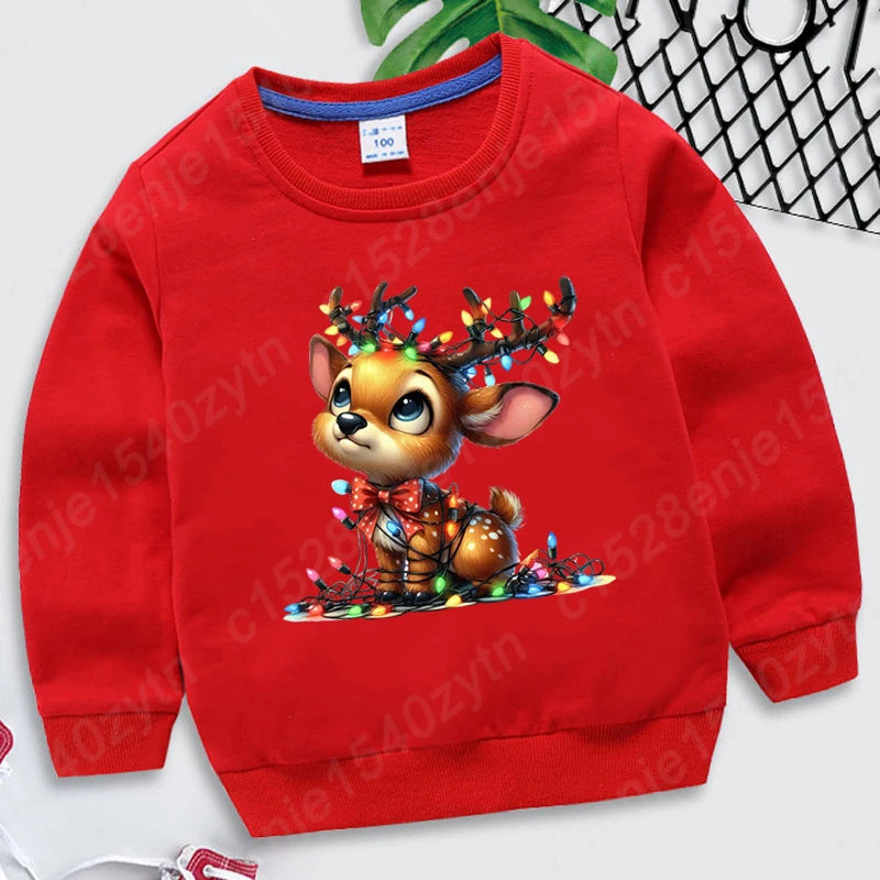 Christmas Light Reindeer Print Pullovers Autumn And Winter Kids Boys Girls Long Sleeves Sweatshirt Plus Size Hoodless Sweatshirt