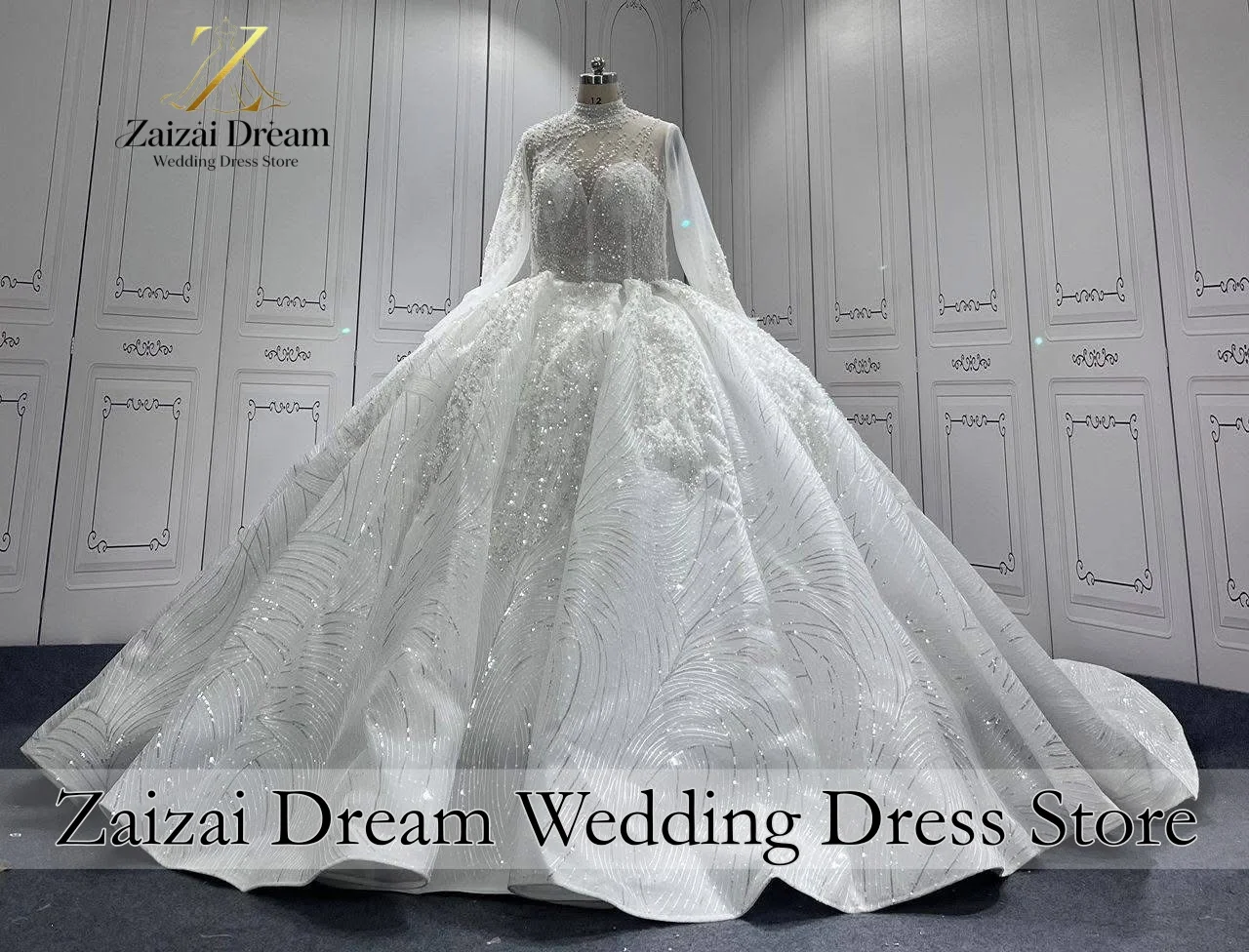 Customzied Luxury Sparkly Beaded Wedding Dress High Neck Long Sleeve Bridal Gown Princess with Long Train Vestido De Novia