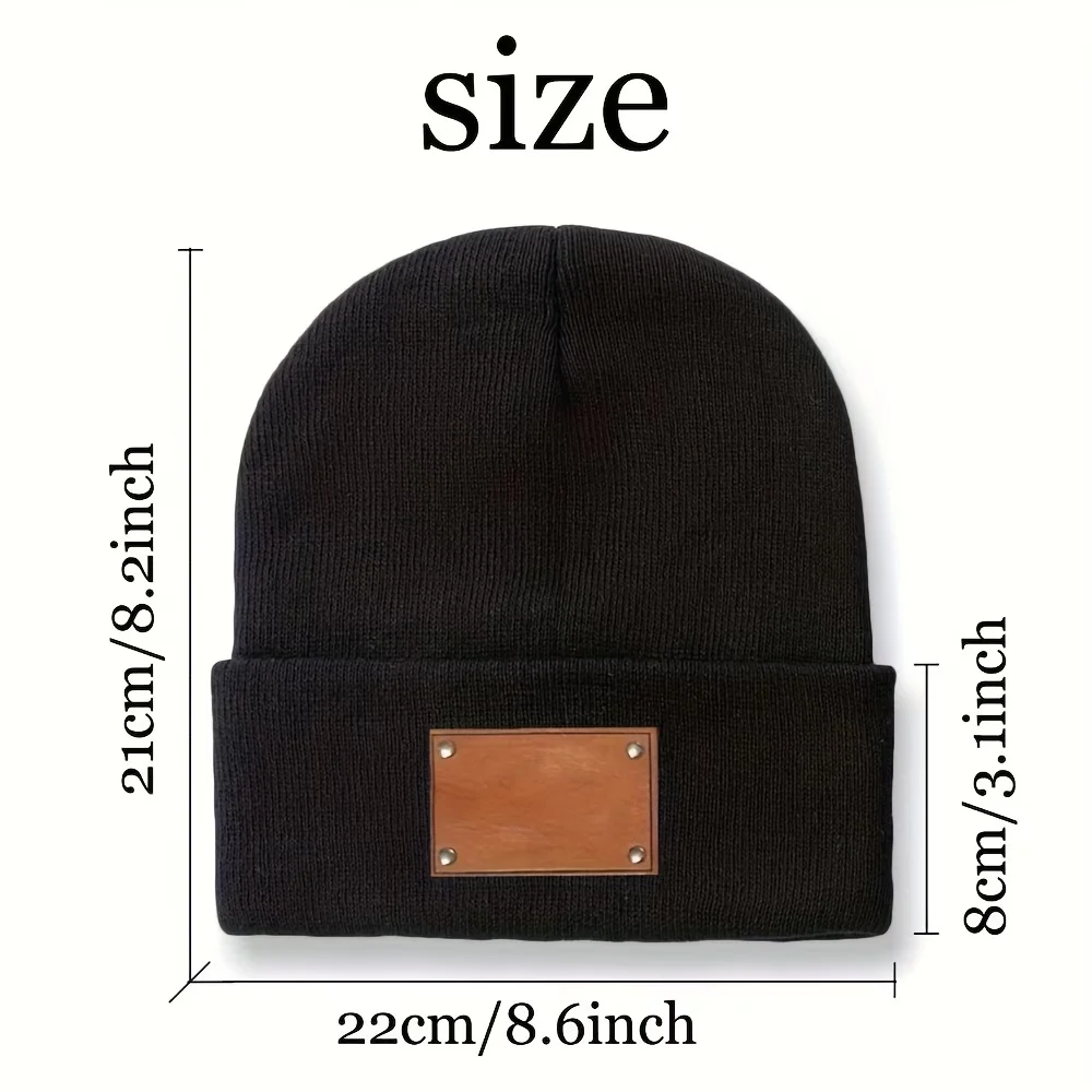 Custom Personalized Leather Patch Name Text Beanie Hat, Vintage Stretchy Close Fit Cap, Lightweight Warm Unisex Gift