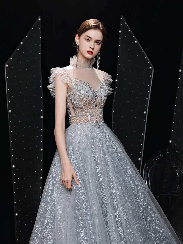 Luxury Retro Banquet Evening Gowns Mesh Stand Collar A Line Floor-Length Engagement Dress Female Celebrity Long Dress