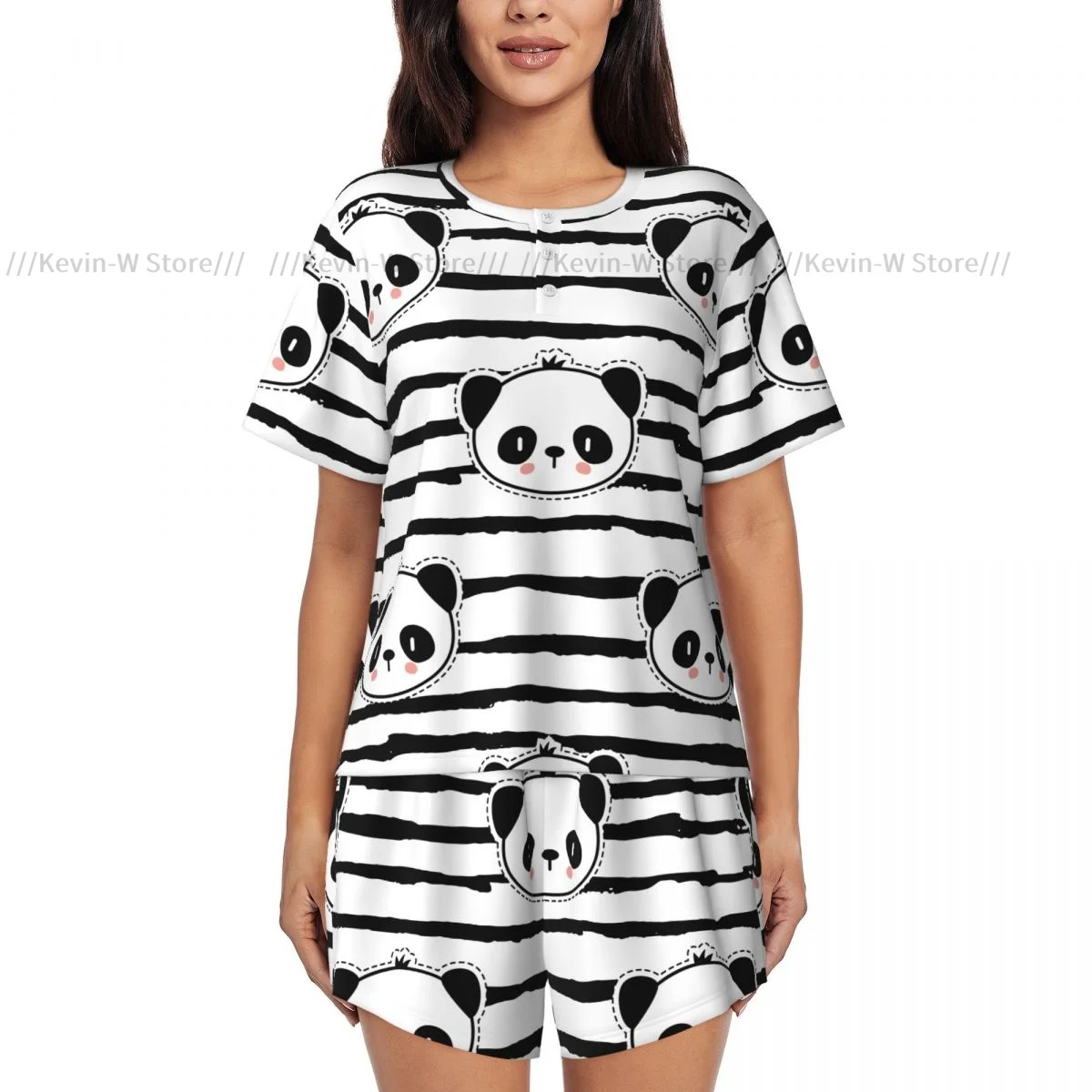 Two piece women's pajama round neck short sleeved T-shirt Black And White Panda Bear Strip Pattern casual home pajama set