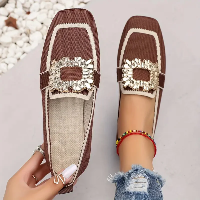 Women Flats Spring 2025 New Large Size Flat Loafers Shoes Women Knitting Slip-on Square Head Breathable Fashion Shoes for Women