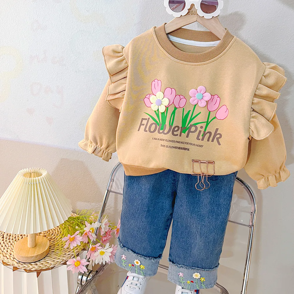 Ropa de moda para niña de 2 a 3 años, jersey Floral encantador, Tops y pantalones, trajes de Boutique de dos piezas para niña 2024