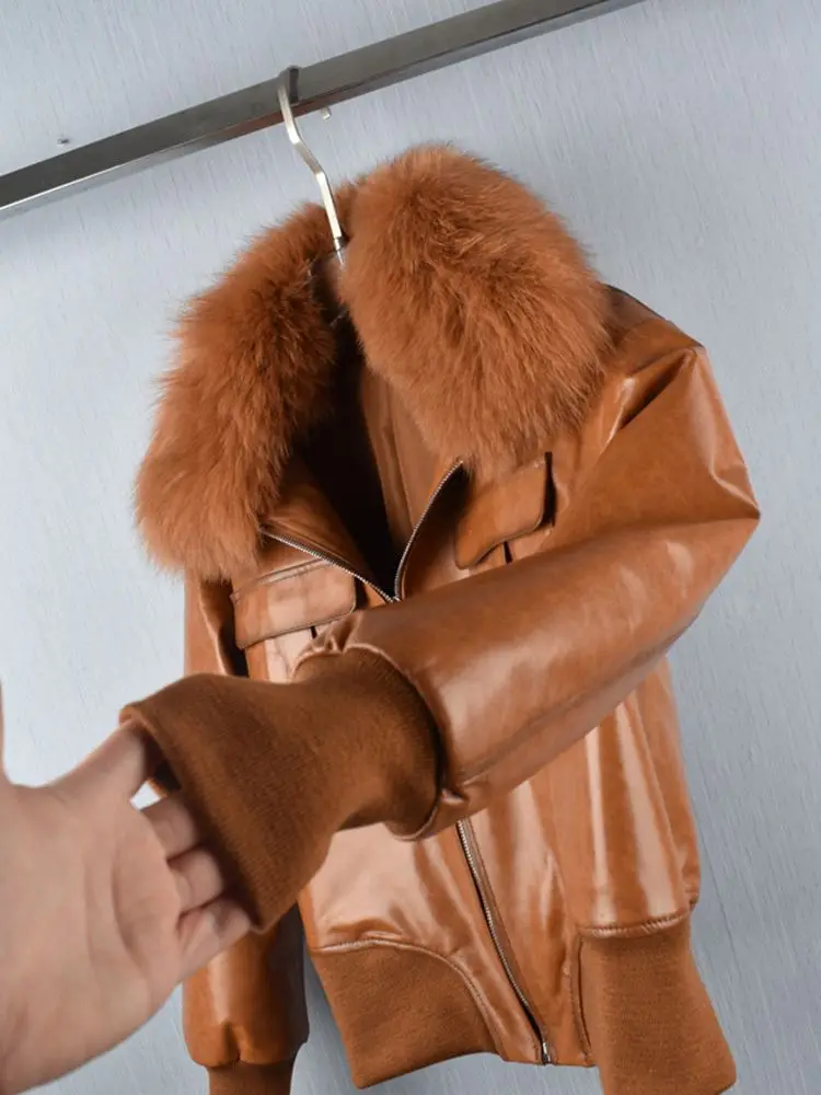 Real Fox Fur Coats Genuine Leather Jackets Fashion Real Sheep Leather Jackets Female Real Soft Genuine Leather Jackets WY1160