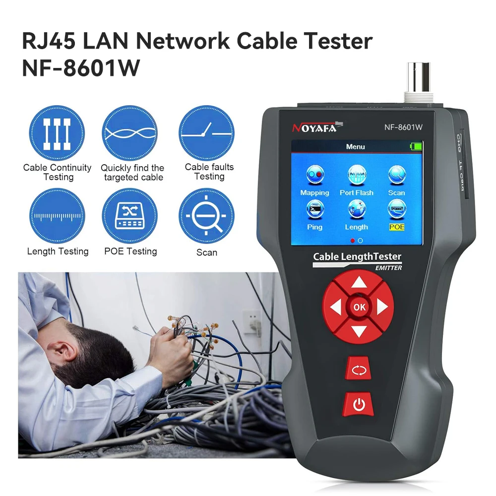 NOYAFA NF-8601W Tester kabli sieciowych Lokalizator kabli Ethernet z funkcją PoE/PING Pomiar długości Tester połączeń Narzędzia sieciowe — zdjęcie 6