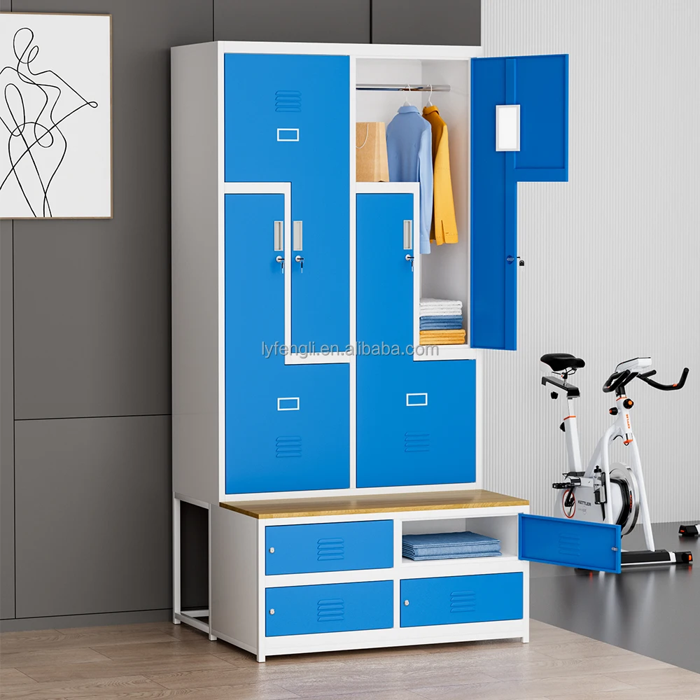 Modular Fitness Lockers,Clothes Wardrobe Z-Shaped Steel 4-Door Key Lock Gym Fitness Locker With Bench Storage Metal Lockers