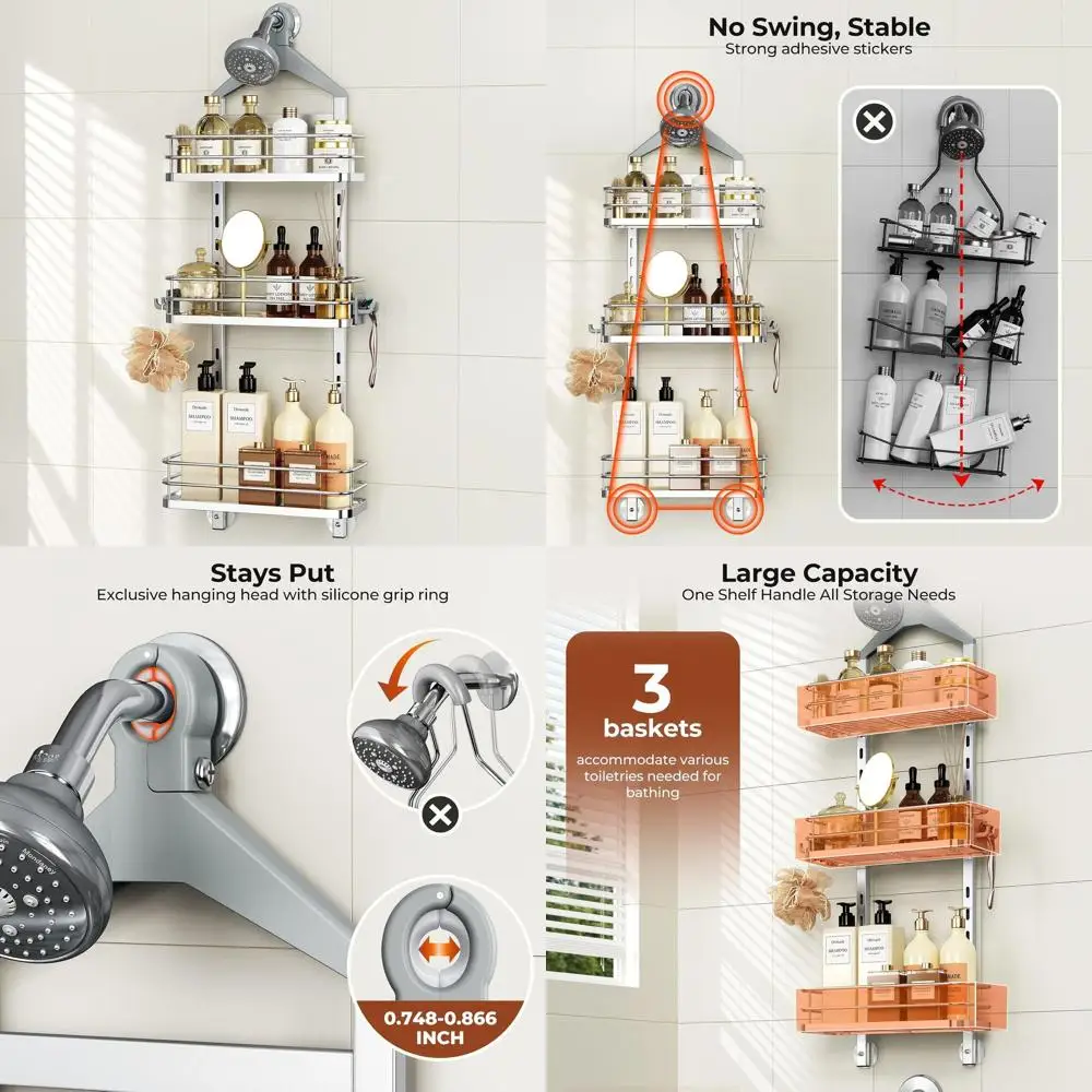 

Подвесная полка для душа, регулируемая, с крючками, противоскользящая, нержавеющая, органайзер, корзина для хранения, серебристая, 3 крепления
