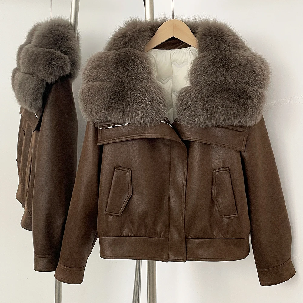 

New Big Real Fox Fur Collar Winter Clothing Women Fashion Short Down Coat Lady Warm Suede Fur Puffer Jacket Female