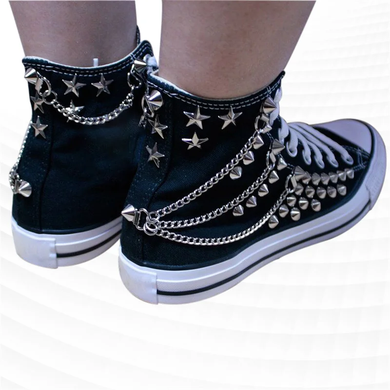 High-top belt chain sports rivet canvas shoes sequin comfortable walking shoes handmade rivets neutral vulcanized shoes 35-46