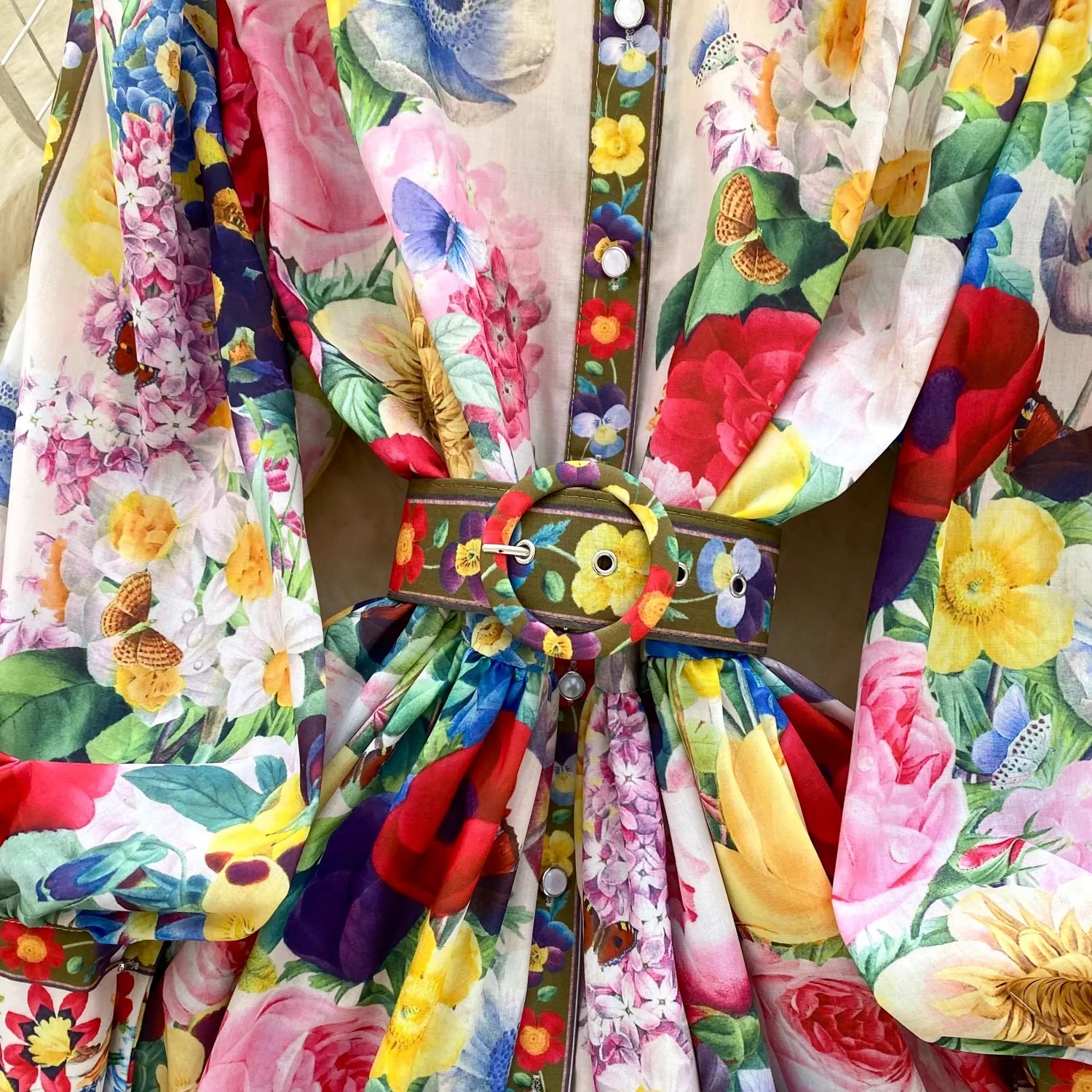 2025 primavera verão pista vestido curto feminino gola longa lanterna manga único breasted floral impressão cinto mini vestidos