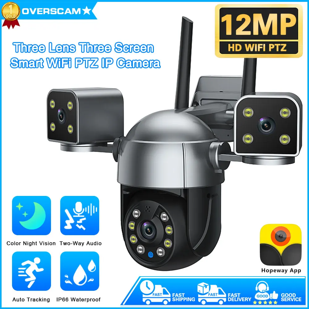 6K 12MP WiFi Surveillance Camera 3 Lens 3 Screens 8X Digital Zoom AI Human Detect 4MP Outdoor Security CCTV PTZ IP Cameras