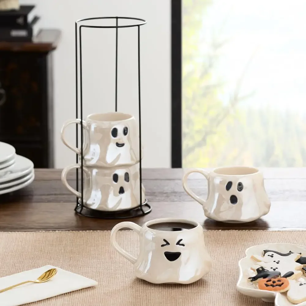 Seasonal Halloween White Ghost Stoneware Mug Set with Iron Rack Holiday Party Decor and Drinkware