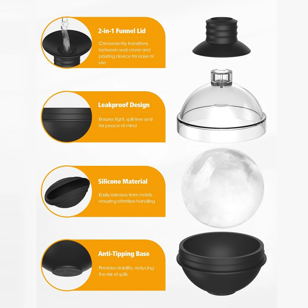 Large Round Ice Ball Maker Mold Silicone for Whiskey 2.4 Inch Big Sphere Ice Mold for Cocktails Bourbon - Easy Release