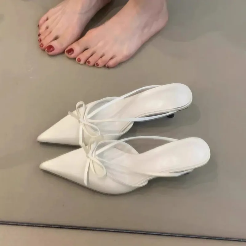 New Fashion Pointy Single-shoes Women Spring Stiletto Sandals French with Skirt Temperament Pink High Heels Slippers Shoes Mules