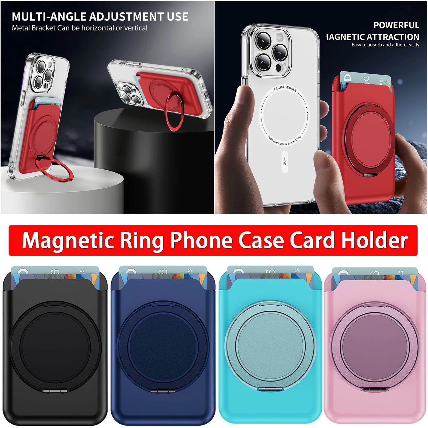 

Magnetic Wallet Card Holder for iPhone 15/14/13/12 Mount 360°Rotation Finger Ring Kickstand Cell Phone Stand Mag-Safe Wallet