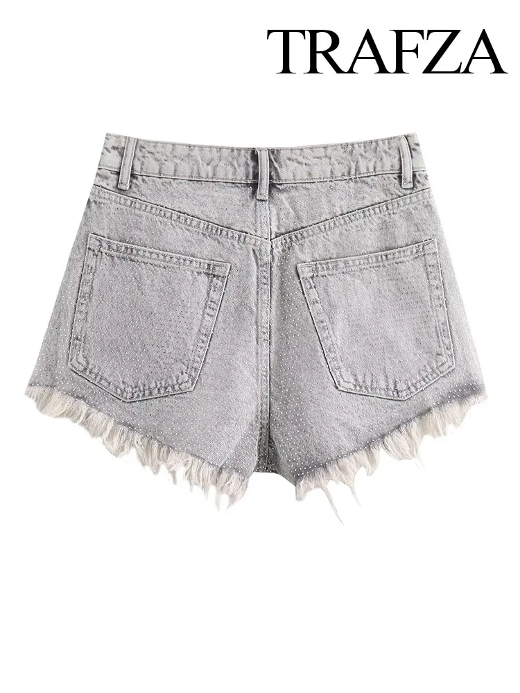 TRAFZA Summer Women Fashion Bright Drill Decoration Pockets Button Shorts Woman Zipper Vintage Casual Mini Denim Shorts Mujer