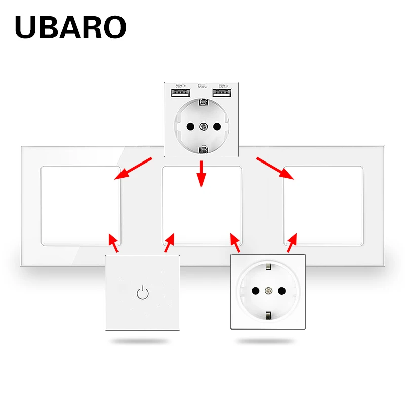 UBARO EU Type TV Socket Touch Switch DIY Installation Computer USB With Tempered Glass Frame Accessory White Home Improvement