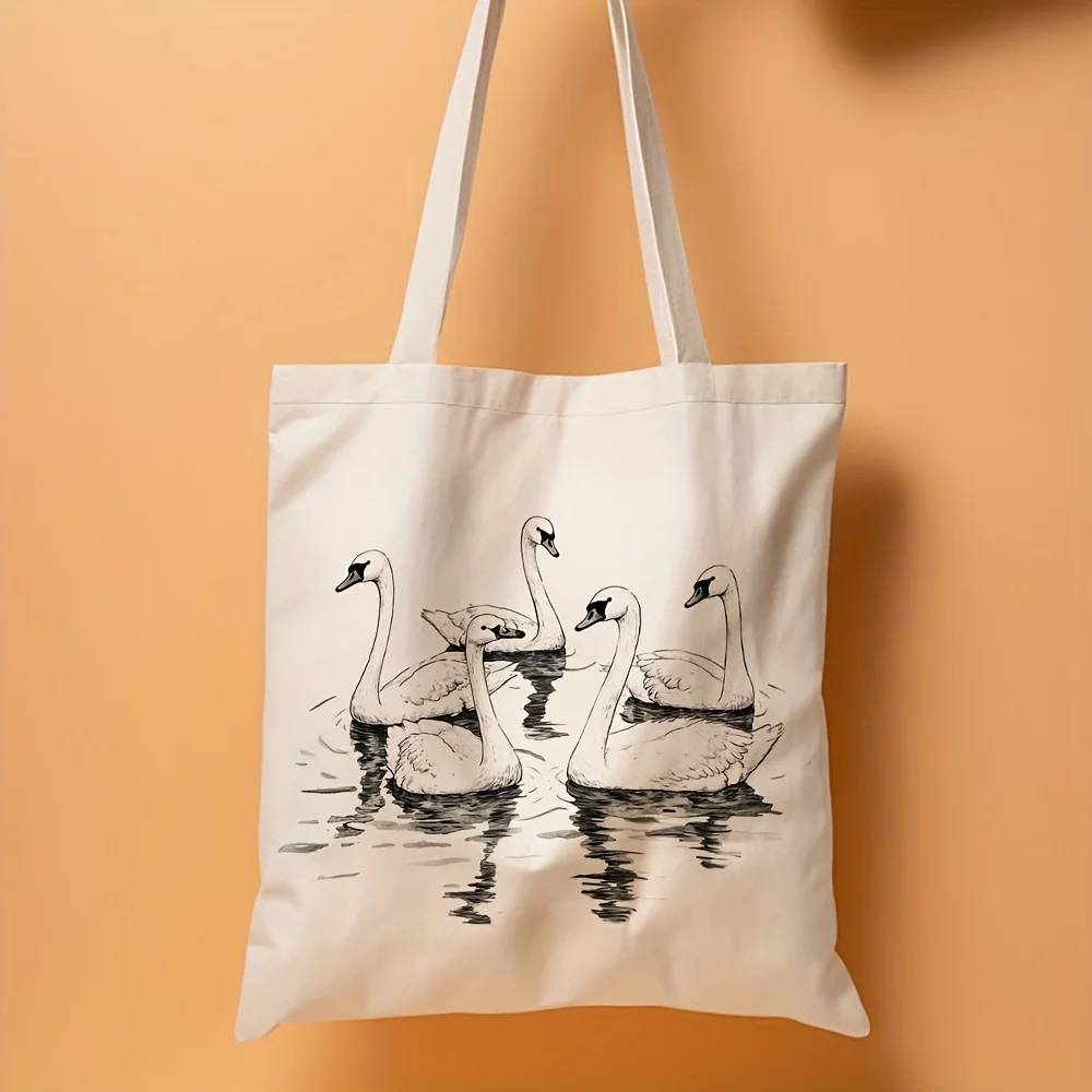 1pc Swan Family Illustration Canvas Tote Bag - 35.05cm x 40.13cm Reusable Grocery Bag, Durable Polyester Canvas Leak-Proof Shopp