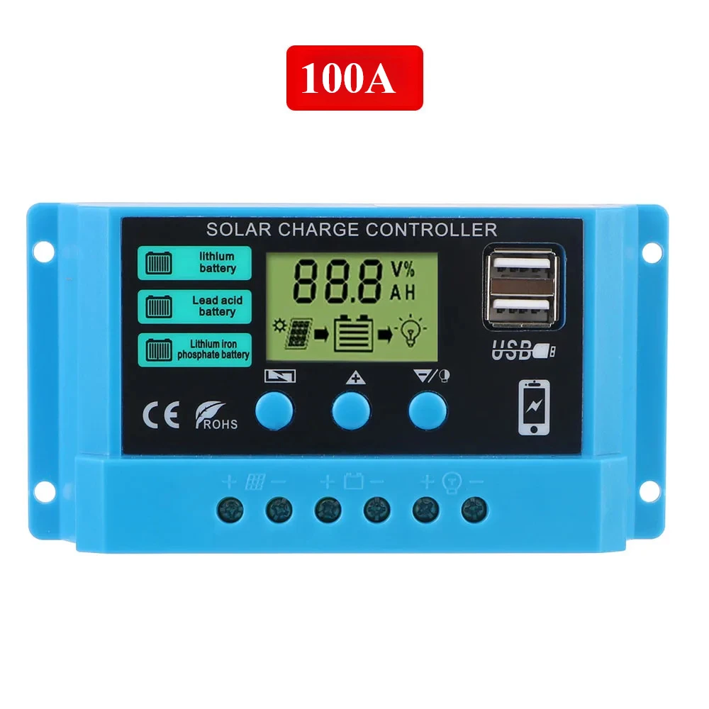 LCD Display Auto 100A Solar Charge Regulator Dual USB Chargers 5V Output Solar Controller PWM Battery Charger 12V/24V Universal