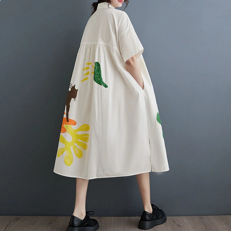 2025 Nowy duży rozmiar Wiosna Lato Koreański luźny nadruk Bluzka Kobiety Dorywczo Krótki rękaw Długi kardigan Koszule Sukienka Kobieca bluzka