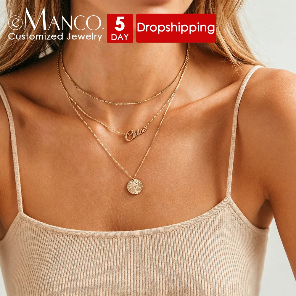 EMANCO Customized Name Accessories Women's Layered Necklace New Stainless Steel Round Pendant Fashion Accessories Wholesale