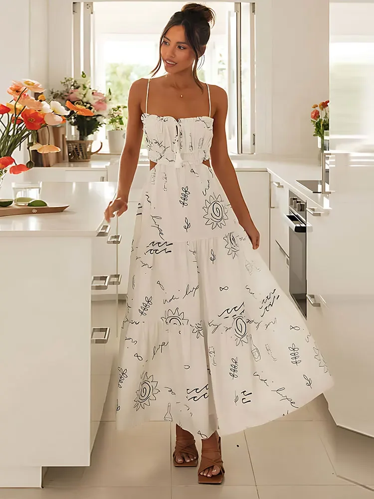 

White Graffiti Print Sweet Sexy Hollow Out V Neck Tassel Sleeveless Evening Dress Women 2024 Summer Backless Maxi Dresses A2779