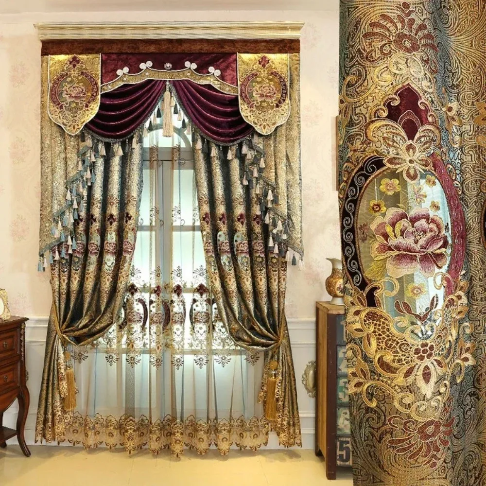 Luxury Embroidered Curtains for Living Room Curtain for Bedroom Europe Golden Velvet Modern Valance Windows Fancy Backdrop Tulle